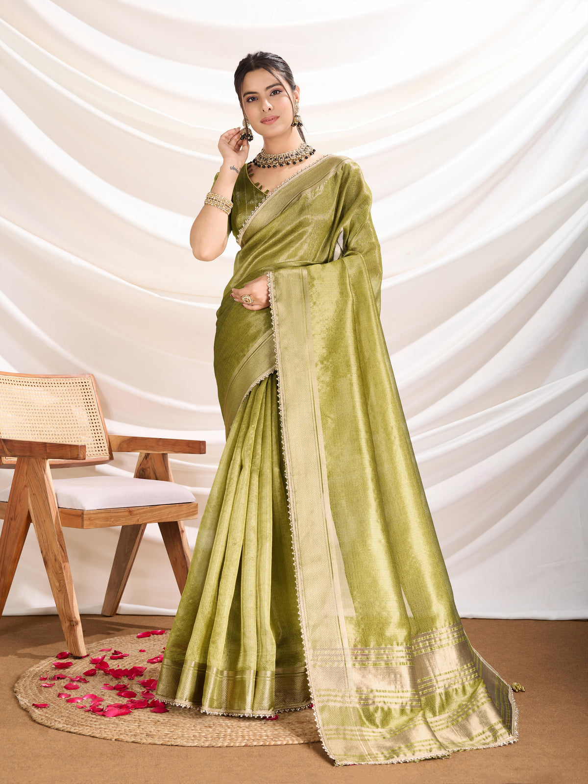 Light Green color Soft Linen Tissue Designer Border Work Saree