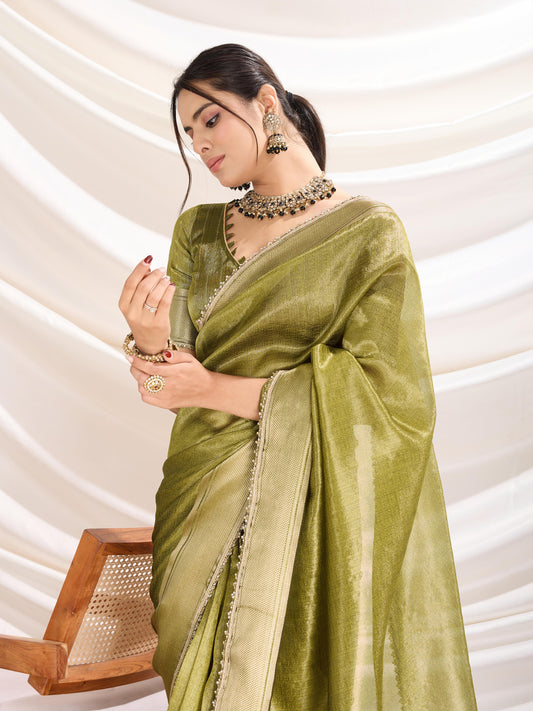 Light Green color Soft Linen Tissue Designer Border Work Saree