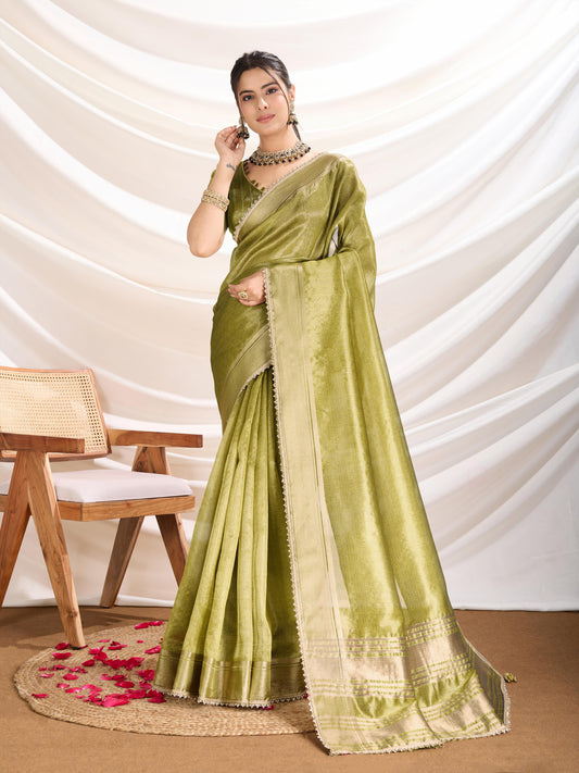 Light Green color Soft Linen Tissue Designer Border Work Saree