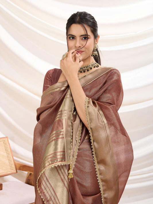 Rust color Soft Linen Tissue Designer Border Work Saree