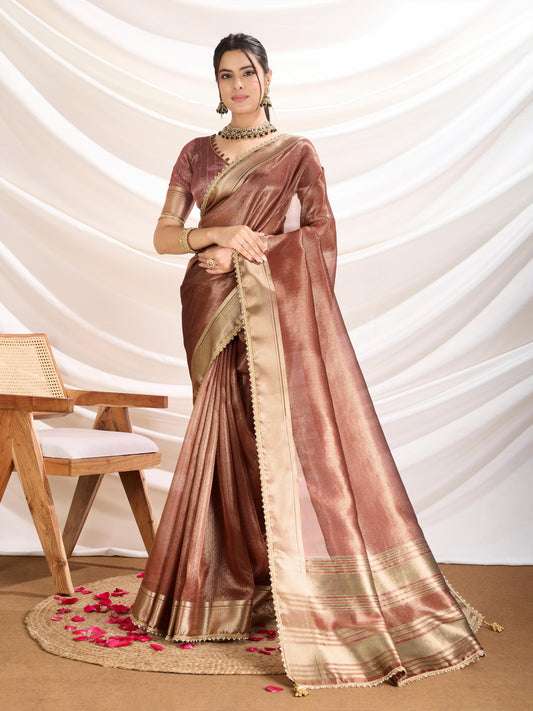 Rust color Soft Linen Tissue Designer Border Work Saree