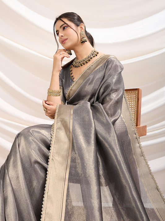 Grey color Soft Linen Tissue Designer Border Work Saree