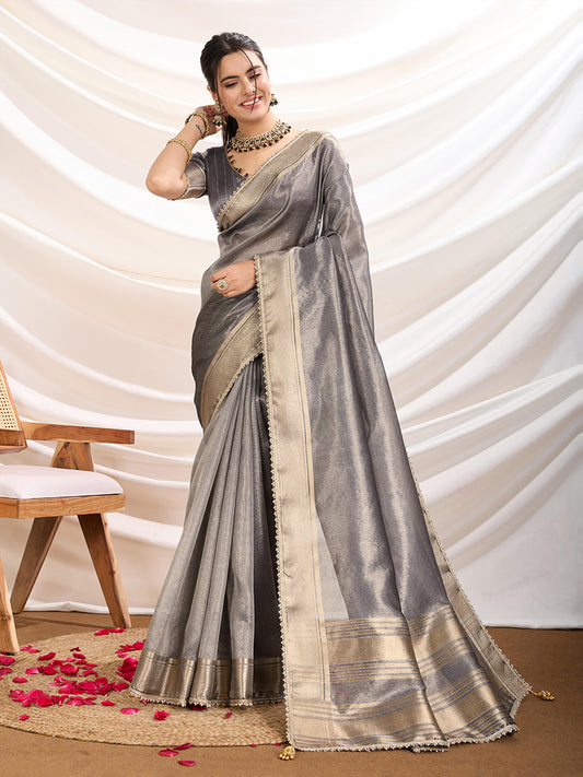 Grey color Soft Linen Tissue Designer Border Work Saree