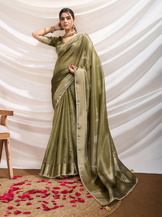 Olive color Soft Linen Tissue Designer Border Work Saree
