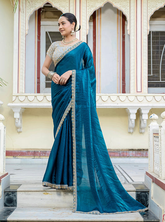 Divine Teal blue Satin Velvet Saree With Bewitching Blouse Piece