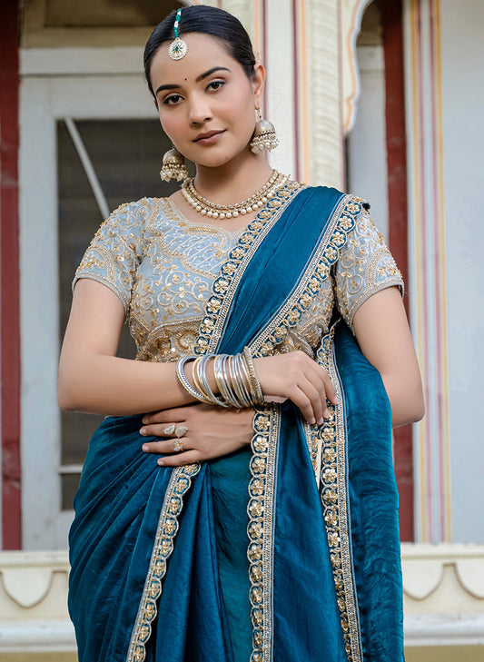 Divine Teal blue Satin Velvet Saree With Bewitching Blouse Piece