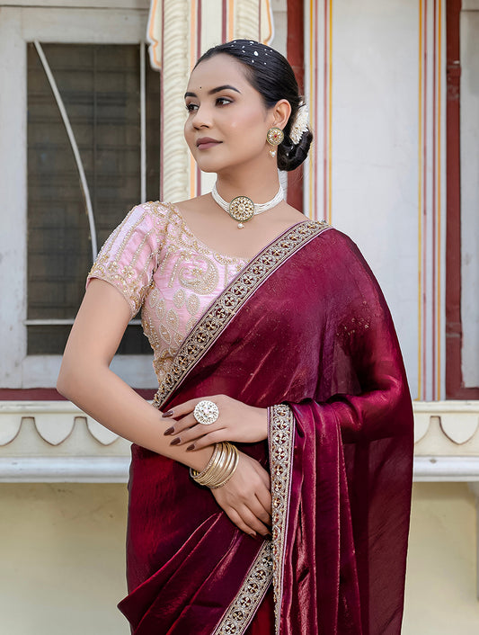 Divine Maroon Satin Velvet Saree With Bewitching Blouse Piece