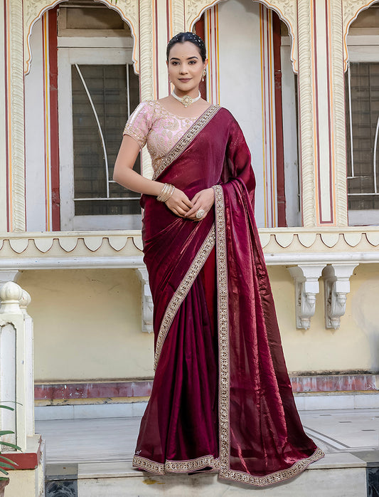Divine Maroon Satin Velvet Saree With Bewitching Blouse Piece