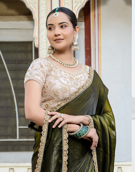 Divine Mehendi green Satin Velvet Saree With Bewitching Blouse Piece