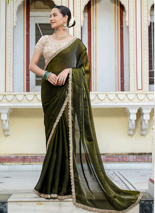 Divine Mehendi green Satin Velvet Saree With Bewitching Blouse Piece