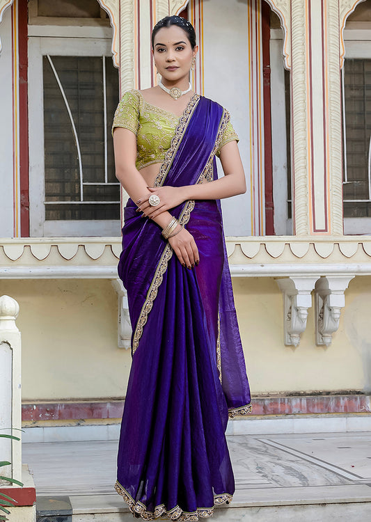 Divine Blue Satin Velvet Saree With Bewitching Blouse Piece