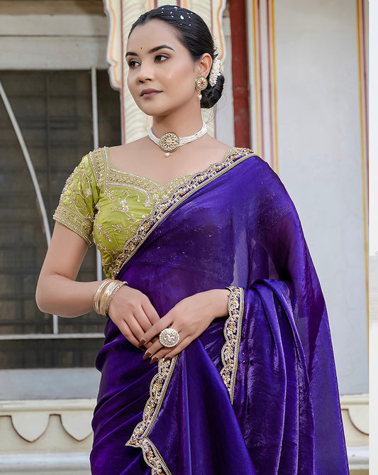 Divine Blue Satin Velvet Saree With Bewitching Blouse Piece
