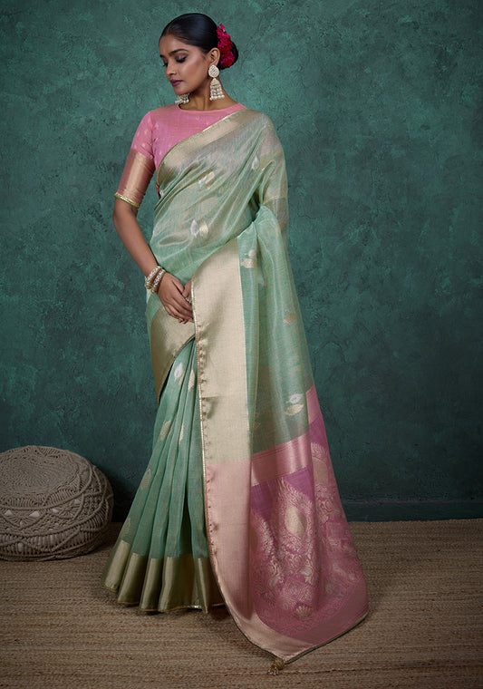 A glam Light blue Linen blend Woven Sequince Work Saree