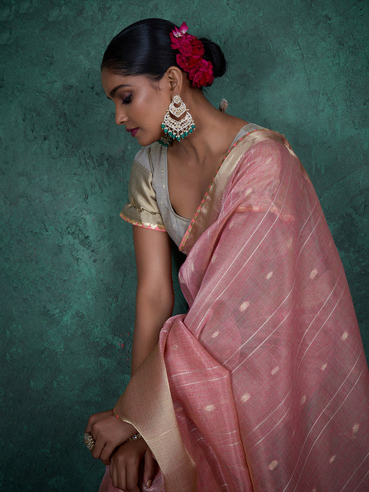 A glam Light Pink Linen blend Woven Sequince Work Saree