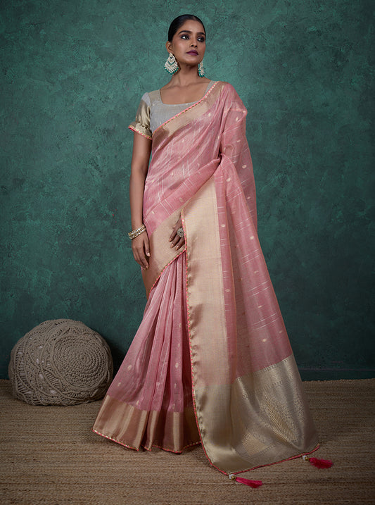 A glam Light Pink Linen blend Woven Sequince Work Saree