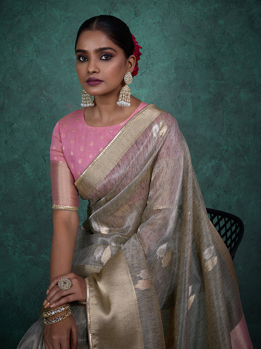 A glam Light Grey Linen blend Woven Sequince Work Saree