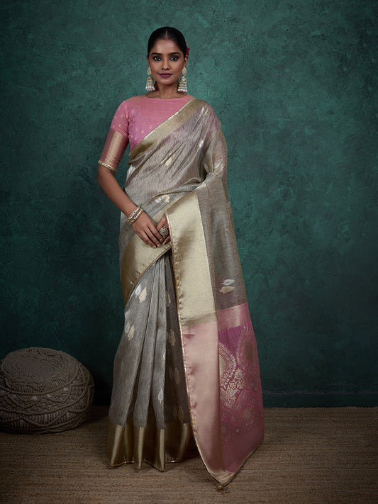 A glam Light Grey Linen blend Woven Sequince Work Saree