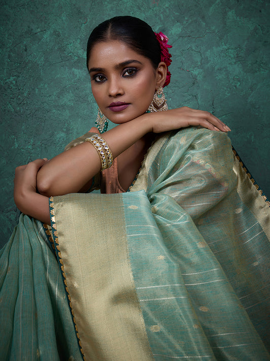 A glam sky blue Linen blend Woven Sequince Work Saree
