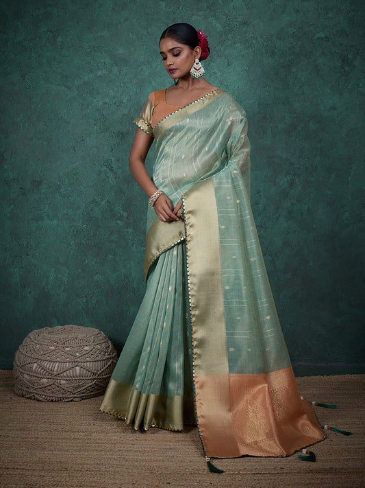 A glam sky blue Linen blend Woven Sequince Work Saree