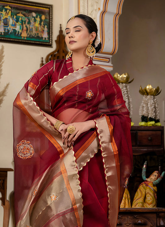 Maroon Color Cutdana Work Kota Linen Stylish Saree