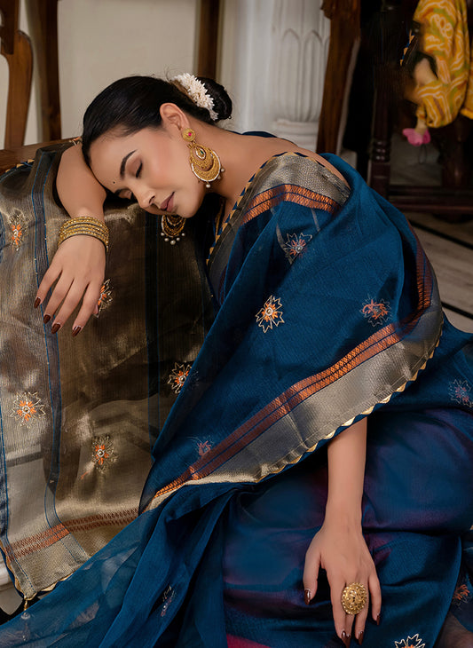 Teal blue Color Cutdana Work Kota Linen Stylish Saree