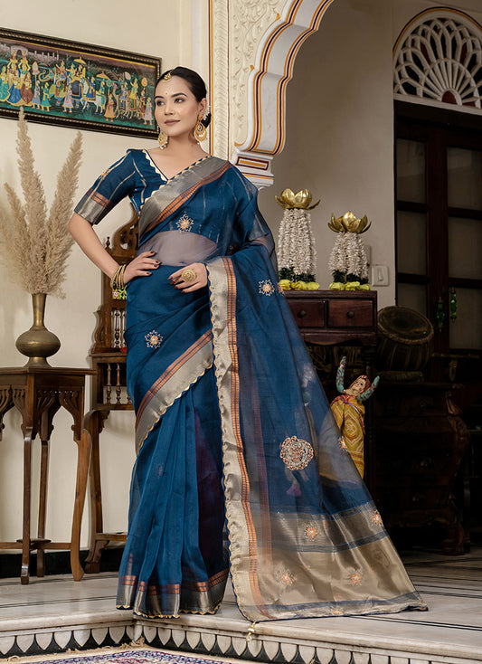 Teal blue Color Cutdana Work Kota Linen Stylish Saree