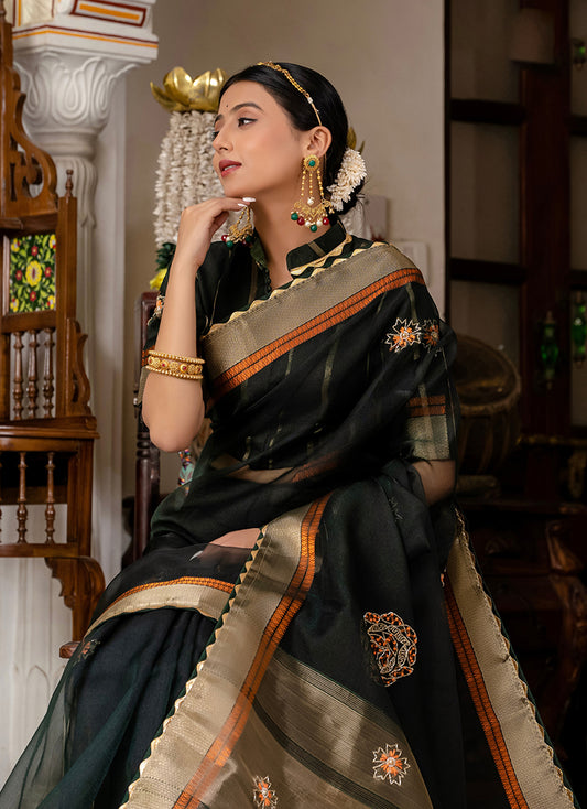 Dark Green Color Cutdana Work Kota Linen Stylish Saree