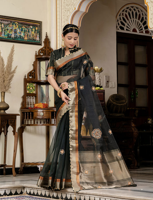 Dark Green Color Cutdana Work Kota Linen Stylish Saree