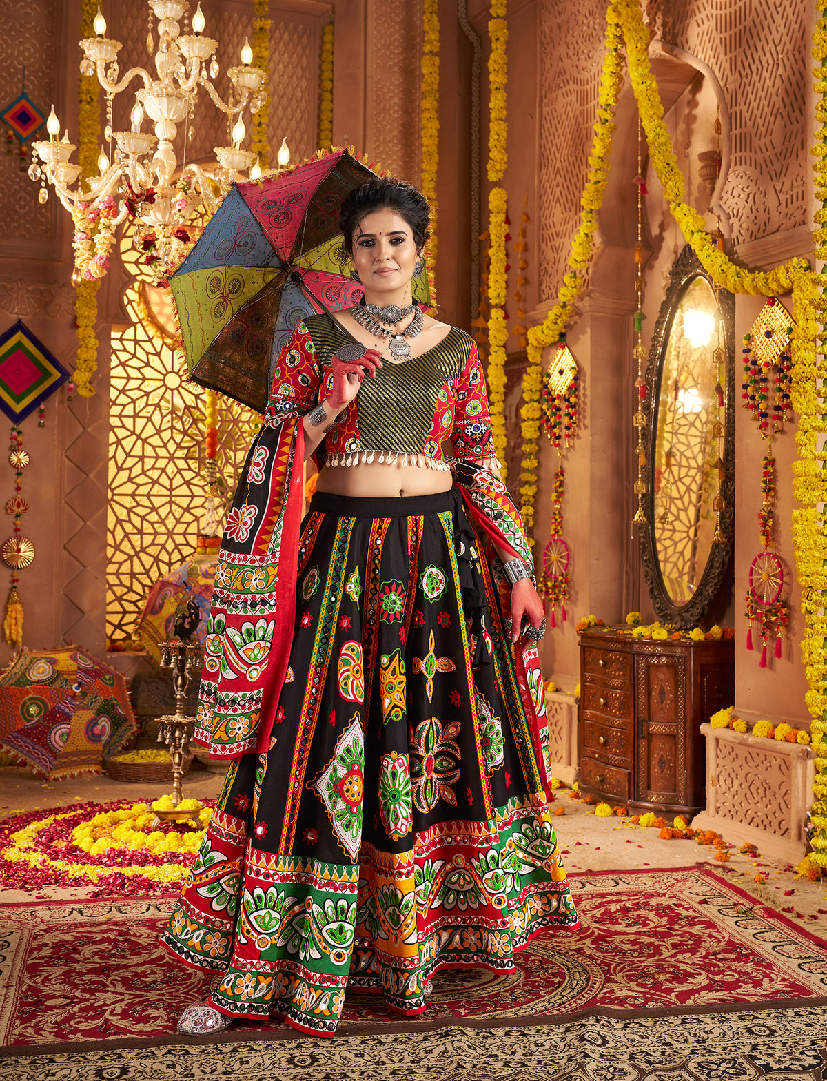 Black Cotton Navratri Lehenga Choli with Aari & Foil Work