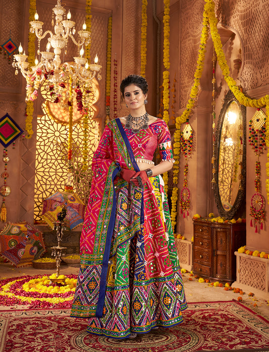 Multicolor Cotton Navratri Lehenga Choli with Aari & Foil Work