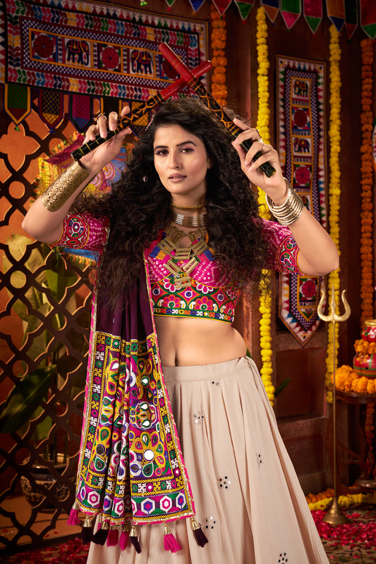 Beige Navratri Lehenga Choli in Viscose Cotton with Kutchi Mirror Work