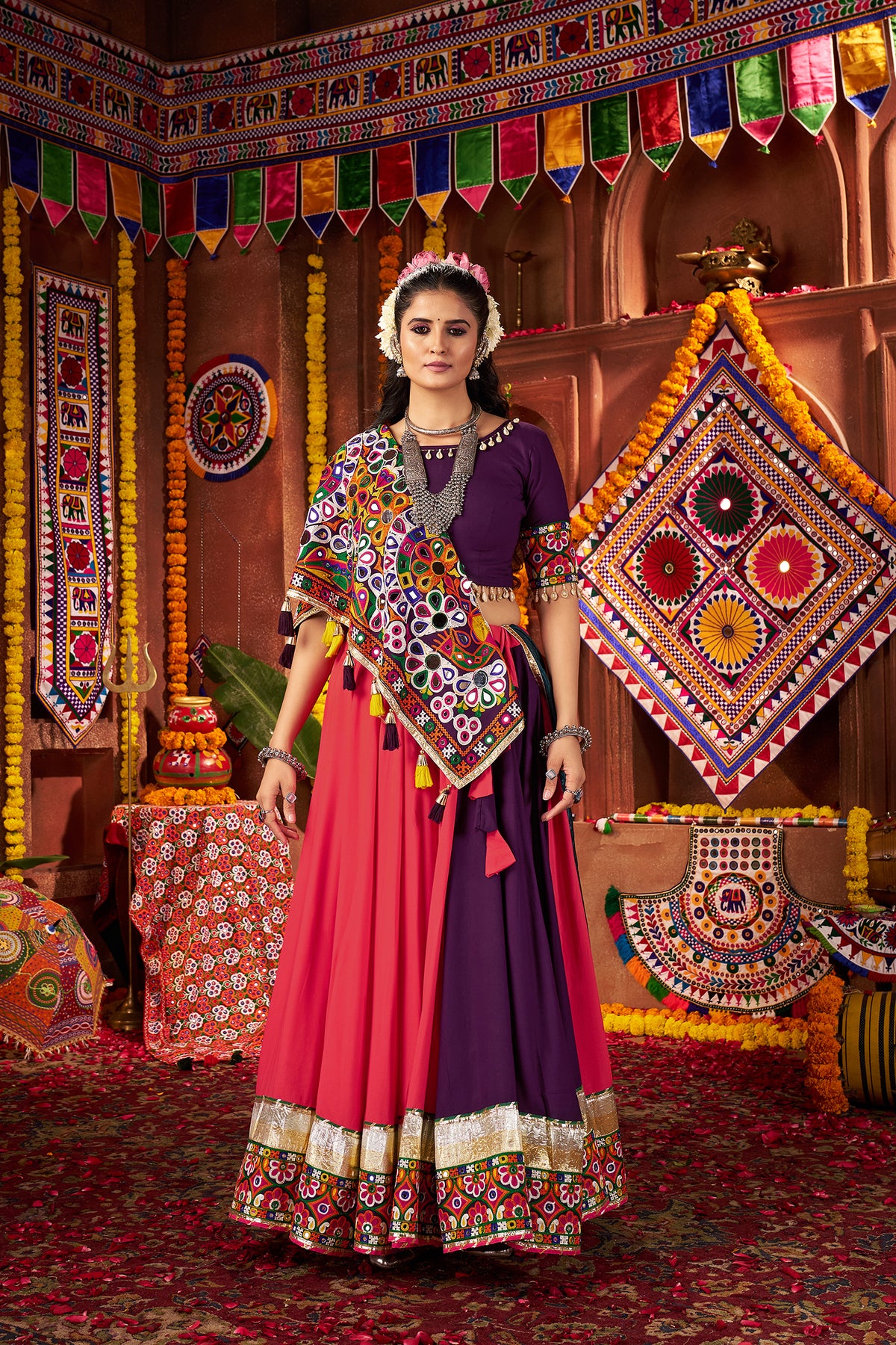 Multi Color Navratri Lehenga Choli in Viscose Cotton with Kutchi Mirror Work