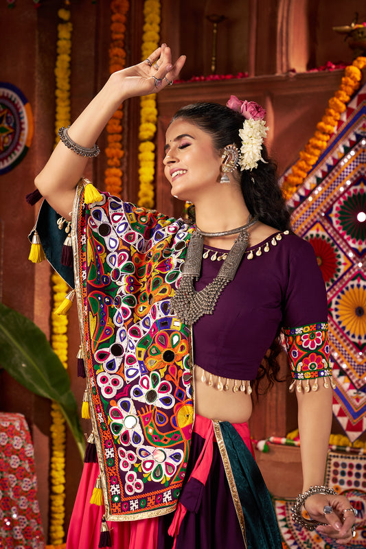 Multi Color Navratri Lehenga Choli in Viscose Cotton with Kutchi Mirror Work