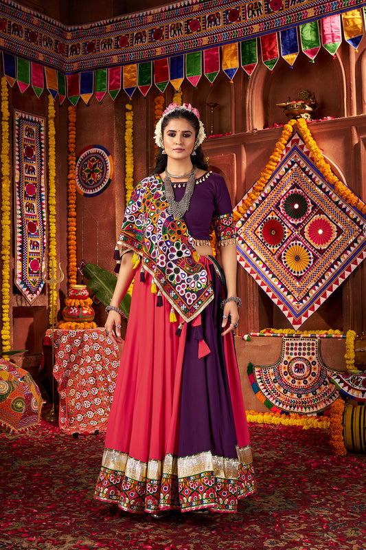 Multi Color Navratri Lehenga Choli in Viscose Cotton with Kutchi Mirror Work