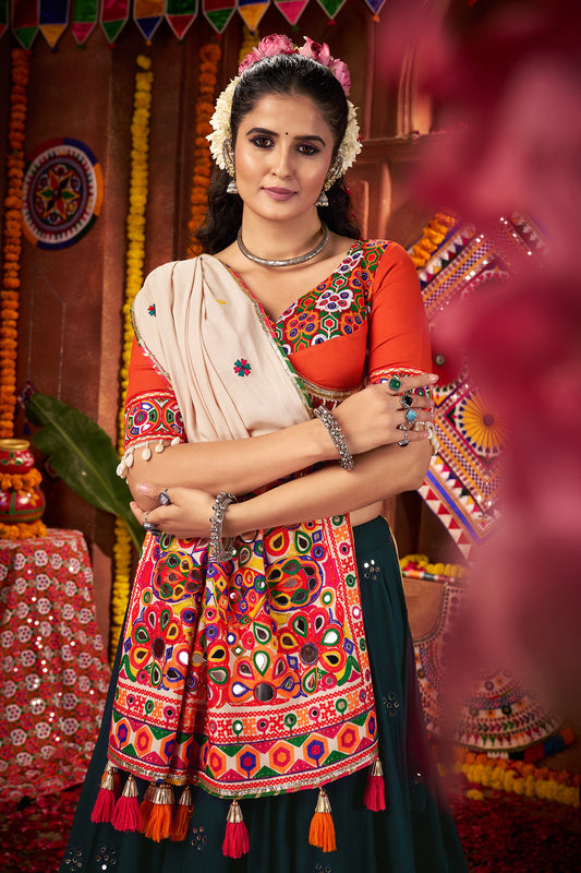 Teal blue Color Navratri Lehenga Choli in Viscose Cotton with Kutchi Mirror Work