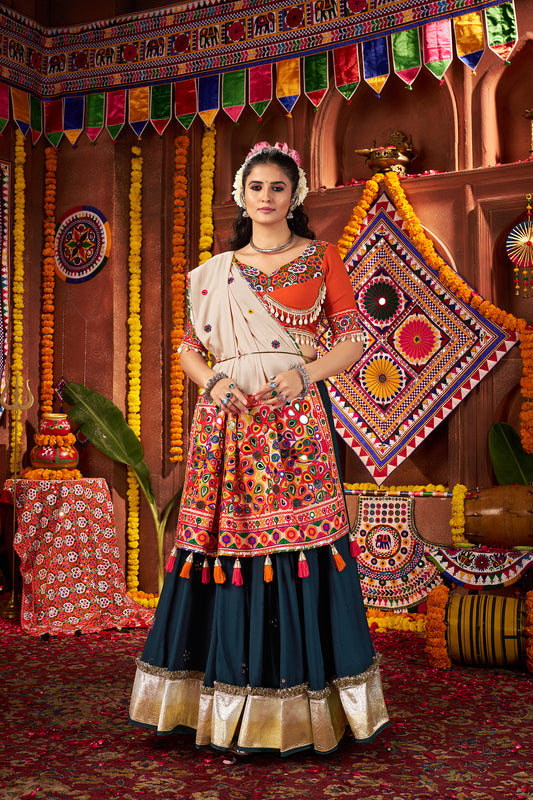 Teal blue Color Navratri Lehenga Choli in Viscose Cotton with Kutchi Mirror Work