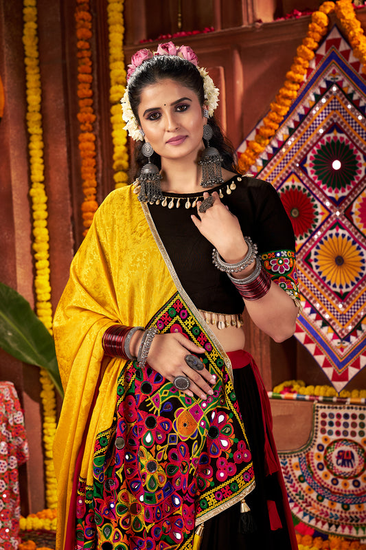 Multi Color Navratri Lehenga Choli in Viscose Cotton with Kutchi Mirror Work