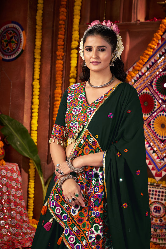 Bottle Green Color Navratri Lehenga Choli in Viscose Cotton with Kutchi Mirror Work