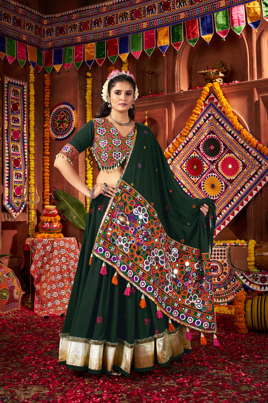 Bottle Green Color Navratri Lehenga Choli in Viscose Cotton with Kutchi Mirror Work