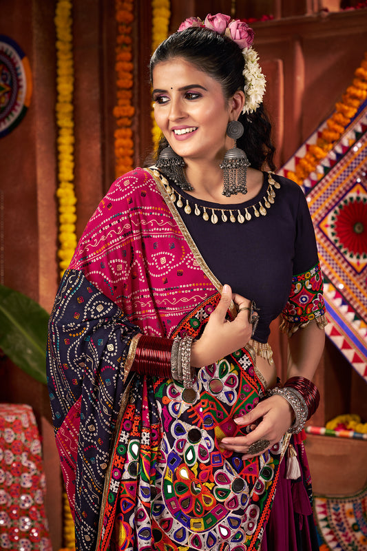 Multi Color Navratri Lehenga Choli in Viscose Cotton with Kutchi Mirror Work