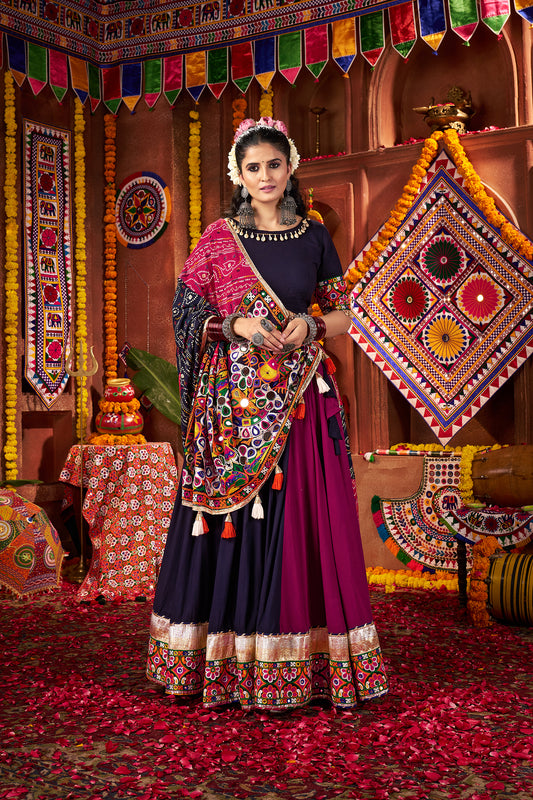 Multi Color Navratri Lehenga Choli in Viscose Cotton with Kutchi Mirror Work