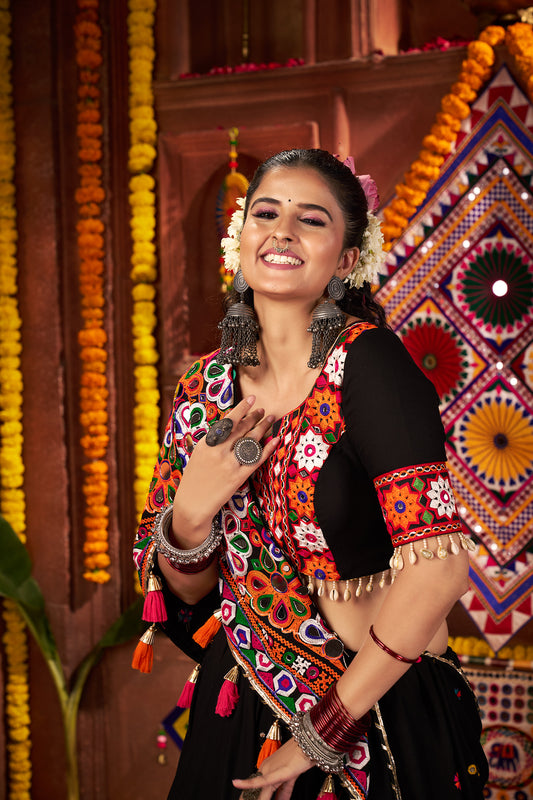 Black Navratri Lehenga Choli in Viscose Cotton with Kutchi Mirror Work