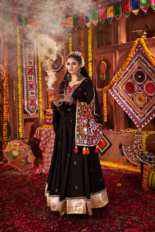 Black Navratri Lehenga Choli in Viscose Cotton with Kutchi Mirror Work