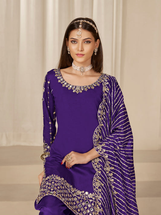 Purple Sequins Mirror Work Roman Silk Festival Patiyala Salwar Suit