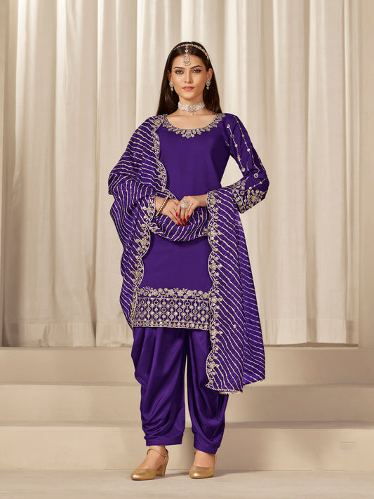 Purple Sequins Mirror Work Roman Silk Festival Patiyala Salwar Suit