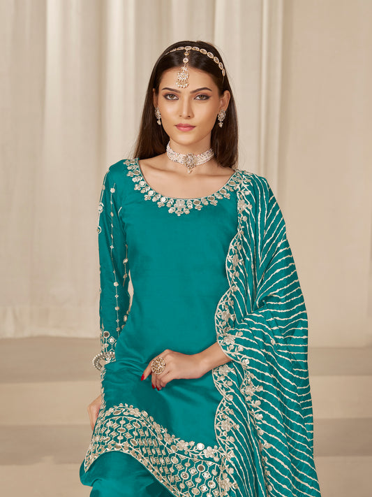 Teal Sequins Mirror Work Roman Silk Festival Patiyala Salwar Suit
