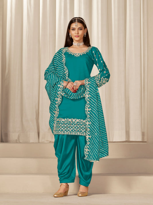 Teal Sequins Mirror Work Roman Silk Festival Patiyala Salwar Suit