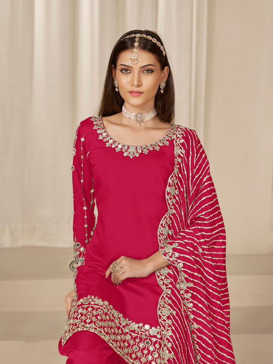 Hot Pink Sequins Mirror Work Roman Silk Festival Patiyala Salwar Suit