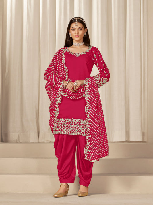 Hot Pink Sequins Mirror Work Roman Silk Festival Patiyala Salwar Suit