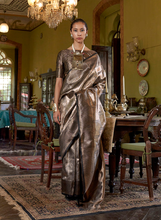 Dark Brown Kanjivaram Silk Blend Woven Classic Saree